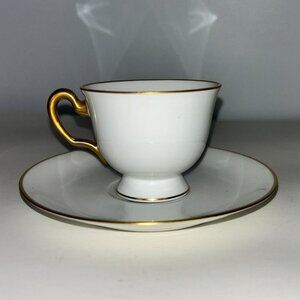 Okura Art White Porcelain Tea Cup and Saucer Set Japan 24K Gold Rims